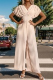 Ruched V Neck Half Sleeve Formal Office Lady Vacation Palazzo Pants Pleated Wide Leg Jumpsuits