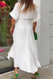 Casual Turndown Collar Short Sleeve With Belt Irregular Hem Vacation Ruched Linen Midi Shirt Dress