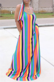Sexy Rainbow Color Striped Print Backless Sleeveless Spaghetti Strap Vacation Long Loose Maxi Slip Dresses