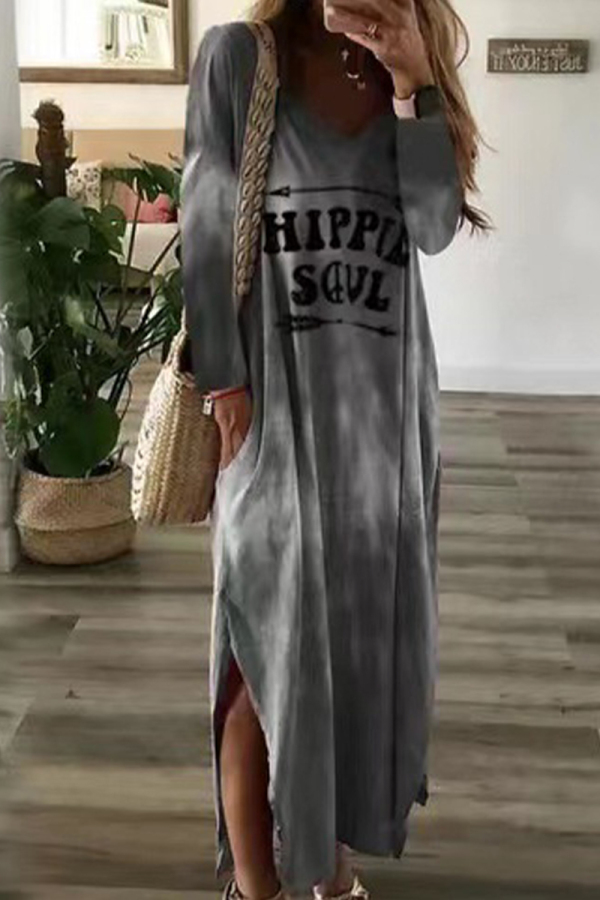 Casual Gradient Letter Print V Neck Long Sleeve Pocket Side Slit Long Loose Maxi Dresses
