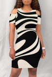 Casual Geometric Print Short Sleeve O Neck Cold Shoulder Bodycon Midi Dresses