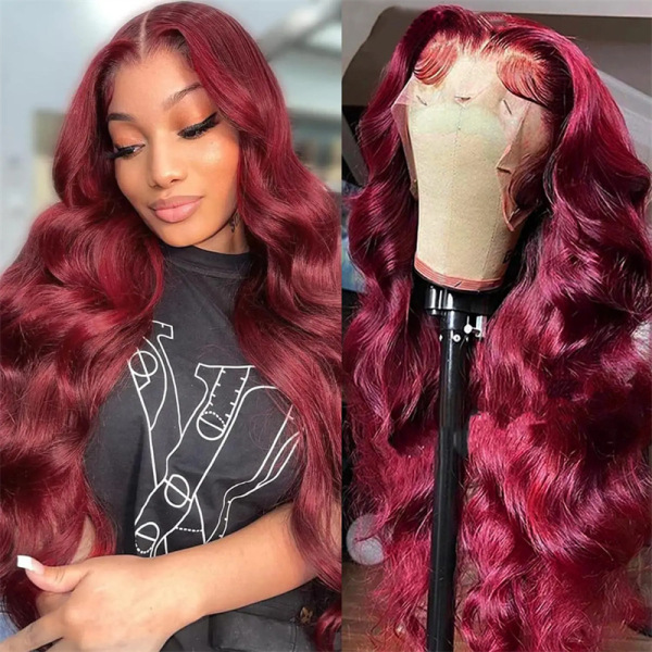 Burgundy Long Big Wavy Middle Part Voluminous Lace Front Human Hair Wig
