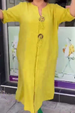 V Neck Long Sleeve Buttons Floor Length Loose Vacation A Line Linen Shirt Dress