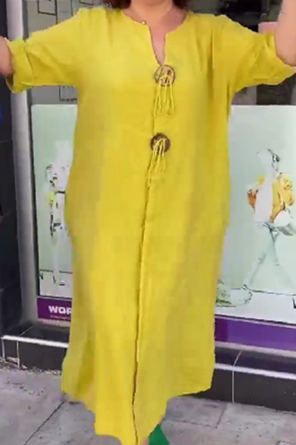 V Neck Long Sleeve Buttons Floor Length Loose Vacation A Line Linen Shirt Dress
