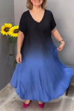 Gradient Print V Neck Short Sleeve Loose Vacation A Line Pleated Midi T-shirt Swing Dress