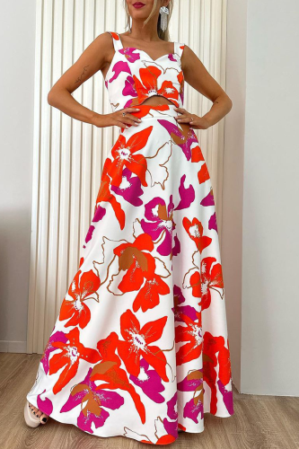 Floral Print Square Neck Sleeveless Cut Out Cami Crop Tops And Maxi Skirt Vacation Two Pieces Dress Sets