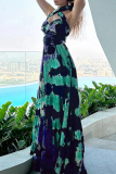 Sexy Tie Dye Print Cross Straps  V Neck Sleeveless Halter Crossover Cinch Waist Vacation A Line Maxi Swing Dresses