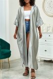 Deep V Neck Ruffle Sleeves Belted Side Slit Satin Kimono Vacation Beach Swimwears Cover Up Longline Cardigan