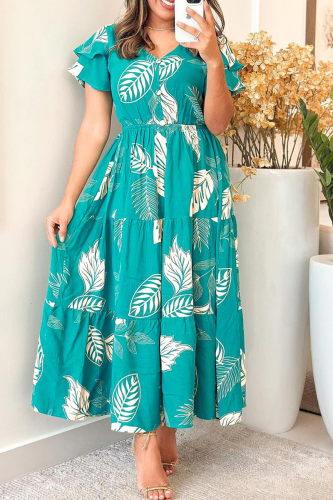 Tropical Print V Neck Ruffle Sleeve Cinch Waist Ruched Ruffle Tiered Hem Vacation A Line Maxi Sundress