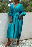 Deep V Neck Ruffle Sleeves Belted Side Slit Satin Kimono Vacation Beach Swimwears Cover Up Longline Cardigan