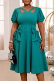 Formal Bow Decor V Neck Short Sleeve Hollow Out Cinch Waist Office Lady Line Pleated Midi Dress