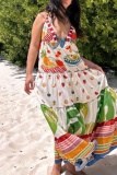 Graphics Print Backless Sleeveless Deep V Neck Ruffle Tiered Hem A Line Vacation Pleated Slip Boho Maxi Dress