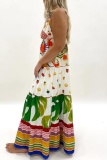 Graphics Print Backless Sleeveless Deep V Neck Ruffle Tiered Hem A Line Vacation Pleated Slip Boho Maxi Dress