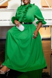 Formal O Neck Lantern Sleeve With Belt Ruffle Trim Cinch Waist Party Evening Long A Line Pleated Linen Maxi Dresses