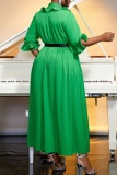 Formal O Neck Lantern Sleeve With Belt Ruffle Trim Cinch Waist Party Evening Long A Line Pleated Linen Maxi Dresses