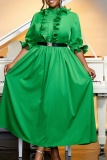 Formal O Neck Lantern Sleeve With Belt Ruffle Trim Cinch Waist Party Evening Long A Line Pleated Linen Maxi Dresses