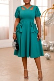 Formal Bow Decor V Neck Short Sleeve Hollow Out Cinch Waist Office Lady Line Pleated Midi Dress