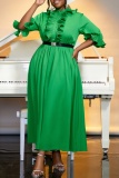 Formal O Neck Lantern Sleeve With Belt Ruffle Trim Cinch Waist Party Evening Long A Line Pleated Linen Maxi Dresses