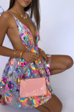 Party Sequins Floral Print Sleeveless Backless V Neck Tie Shoulder Lace Up Cinch Waist A Line Mini Slip Dresses