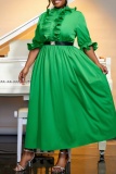 Formal O Neck Lantern Sleeve With Belt Ruffle Trim Cinch Waist Party Evening Long A Line Pleated Linen Maxi Dresses