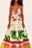 Graphics Print Backless Sleeveless Deep V Neck Ruffle Tiered Hem A Line Vacation Pleated Slip Boho Maxi Dress