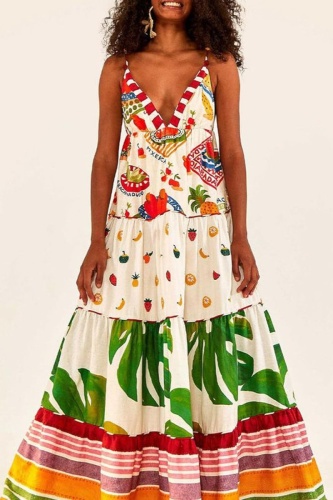 Graphics Print Backless Sleeveless Deep V Neck Ruffle Tiered Hem A Line Vacation Pleated Slip Boho Maxi Dress