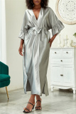 Deep V Neck Ruffle Sleeves Belted Side Slit Satin Kimono Vacation Beach Swimwears Cover Up Longline Cardigan