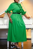 Formal O Neck Lantern Sleeve With Belt Ruffle Trim Cinch Waist Party Evening Long A Line Pleated Linen Maxi Dresses