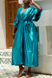 Deep V Neck Ruffle Sleeves Belted Side Slit Satin Kimono Vacation Beach Swimwears Cover Up Longline Cardigan