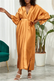 Deep V Neck Ruffle Sleeves Belted Side Slit Satin Kimono Vacation Beach Swimwears Cover Up Longline Cardigan