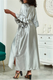 Deep V Neck Ruffle Sleeves Belted Side Slit Satin Kimono Vacation Beach Swimwears Cover Up Longline Cardigan