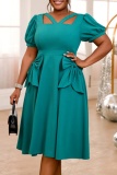 Formal Bow Decor V Neck Short Sleeve Hollow Out Cinch Waist Office Lady Line Pleated Midi Dress