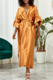 Deep V Neck Ruffle Sleeves Belted Side Slit Satin Kimono Vacation Beach Swimwears Cover Up Longline Cardigan