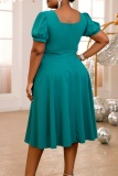 Formal Bow Decor V Neck Short Sleeve Hollow Out Cinch Waist Office Lady Line Pleated Midi Dress