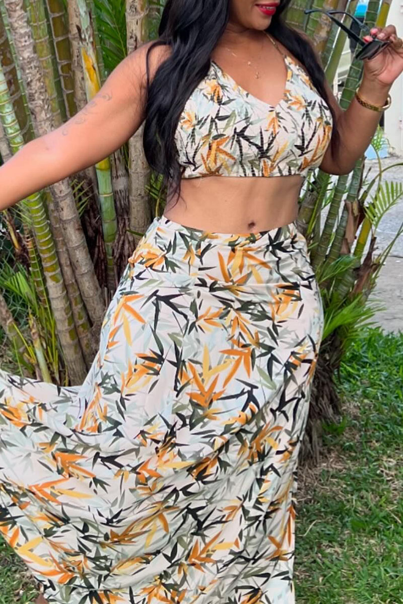 Stylish V-neck Puff-sleeved Crop Top and Elastic Waist Paneled Maxi Skirt Set
