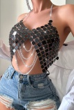 Chains Bra Backless Irregular Halter Sparkling Sequin Decor Cami Top