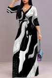 Casual Geometric Print V Neck Three Quarter With Belt Ankle Length Loose Vacation A Line Linen Shirt Dress
