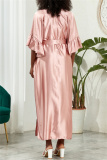 Deep V Neck Ruffle Sleeves Belted Side Slit Satin Kimono Vacation Beach Swimwears Cover Up Longline Cardigan