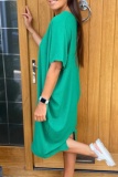 Casual V Neck Batwing Sleeve Slit Vacation Loose Linen Midi T-shirt Dress