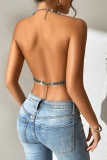 Club Rhinestones Decor Backless Sleeveless Fringed Trim Chains Halter Tops