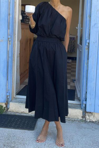 Casual Oblique Collar Half Sleeve Irregular Blouse Pocket Cinch Waist Maxi Skirt Vacation Two Pieces Dress Sets