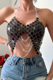 Chains Bra Backless Irregular Halter Sparkling Sequin Decor Cami Top