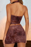 Sexy Tie Dye Print Backless O Neck Sleeveless Fringe Trim Halter Crop Tops And Mini Skirt Formal Party Evening Two Pieces Dress Set