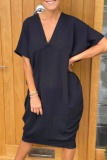 Casual V Neck Batwing Sleeve Slit Vacation Loose Linen Midi T-shirt Dress