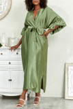 Deep V Neck Ruffle Sleeves Belted Side Slit Satin Kimono Vacation Beach Swimwears Cover Up Longline Cardigan