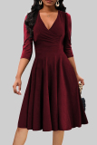 Formal Ruched V Neck Half Sleeve Party Evening Office Lady A Line Pleated Midi Dresses