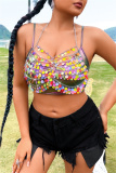 Backless Sleeveless Irregular Sparkling Sequin Decor Chains Halter Top