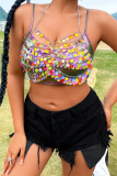 Backless Sleeveless Irregular Sparkling Sequin Decor Chains Halter Top