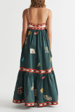 Sexy Graffiti Print Square Neck Ruffle Tiered Hem Vacation A Line Pleated Boho Slip Maxi Dresses