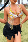 Sexy Club Hot Drill Fringed Trim Backless Sleeveless Chain Halter Tops